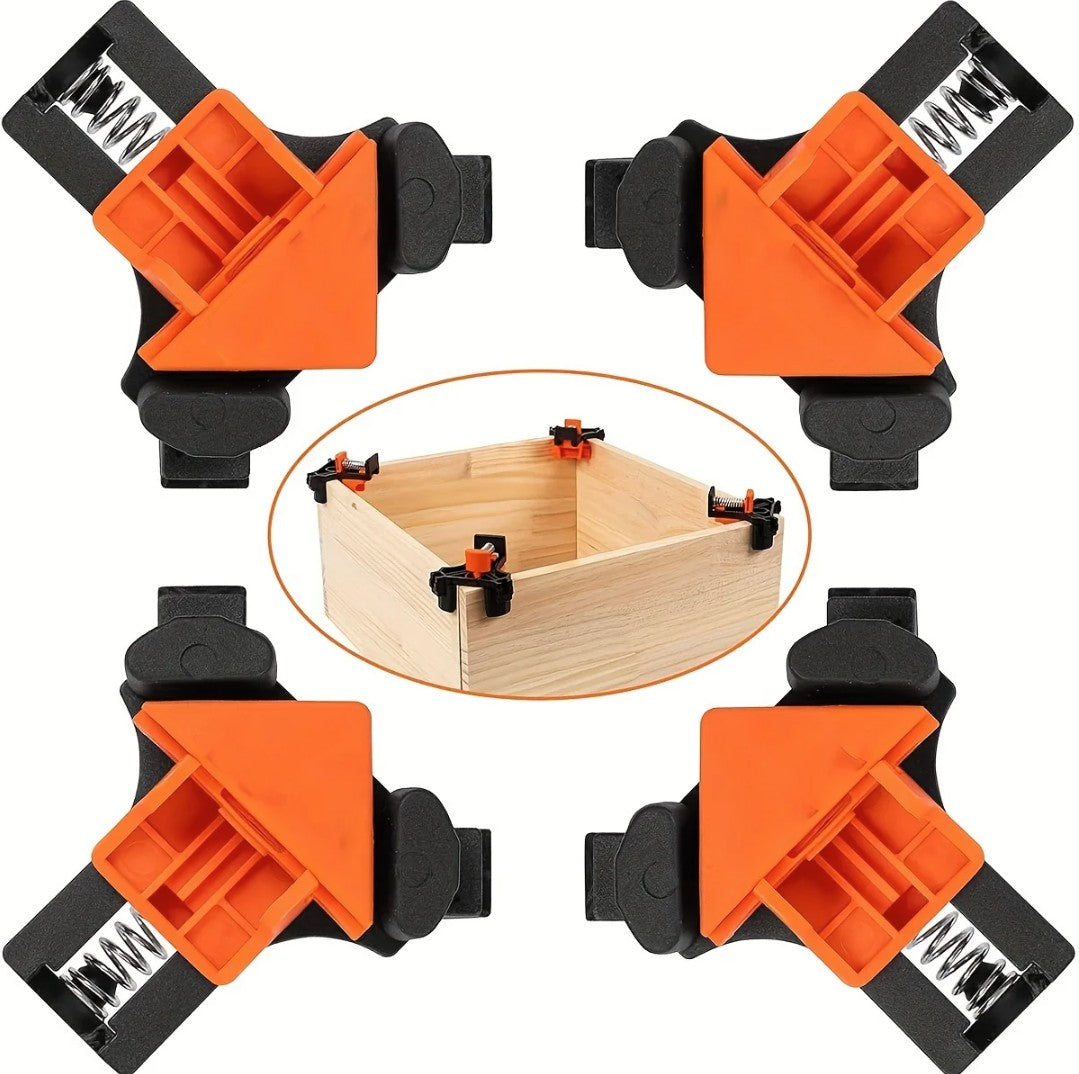 Set 4 cleme unghiulare pentru lemn, plastic si metale usoare, Zola, fixare unghi drept 90°, interval de lucru 5–22 mm, negru/portocaliu Set 4 cleme unghiulare pentru lemn, plastic si metale usoare, Zola, fixare unghi drept 90°, interval de lucru 5–22 mm, negru/portocaliu